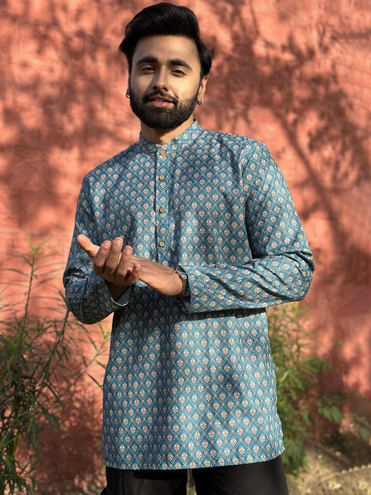 Men’s Ethnic Printed Mandarin Collar Kurta Shirt – Blue Geometric Pattern | Regular Fit Casual Festive Wear