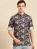 Men’s Navy Blue Floral Printed Pathani Kurta | Ethnic Casual Long Sleeve Kurta