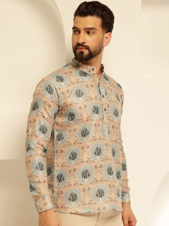 Men’s Premium Printed Mandarin Collar Kurta Shirt – Beige & Blue Ethnic Pattern